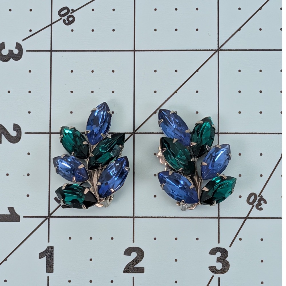 Vintage Blue Green Rhinestone Clip On Earrings Silver Tone Marquise Cluster Leaf